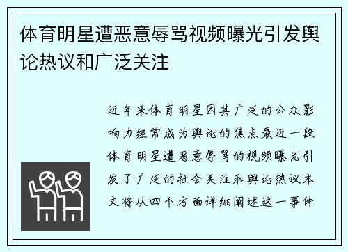 体育明星遭恶意辱骂视频曝光引发舆论热议和广泛关注