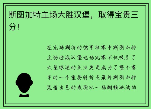 斯图加特主场大胜汉堡，取得宝贵三分！
